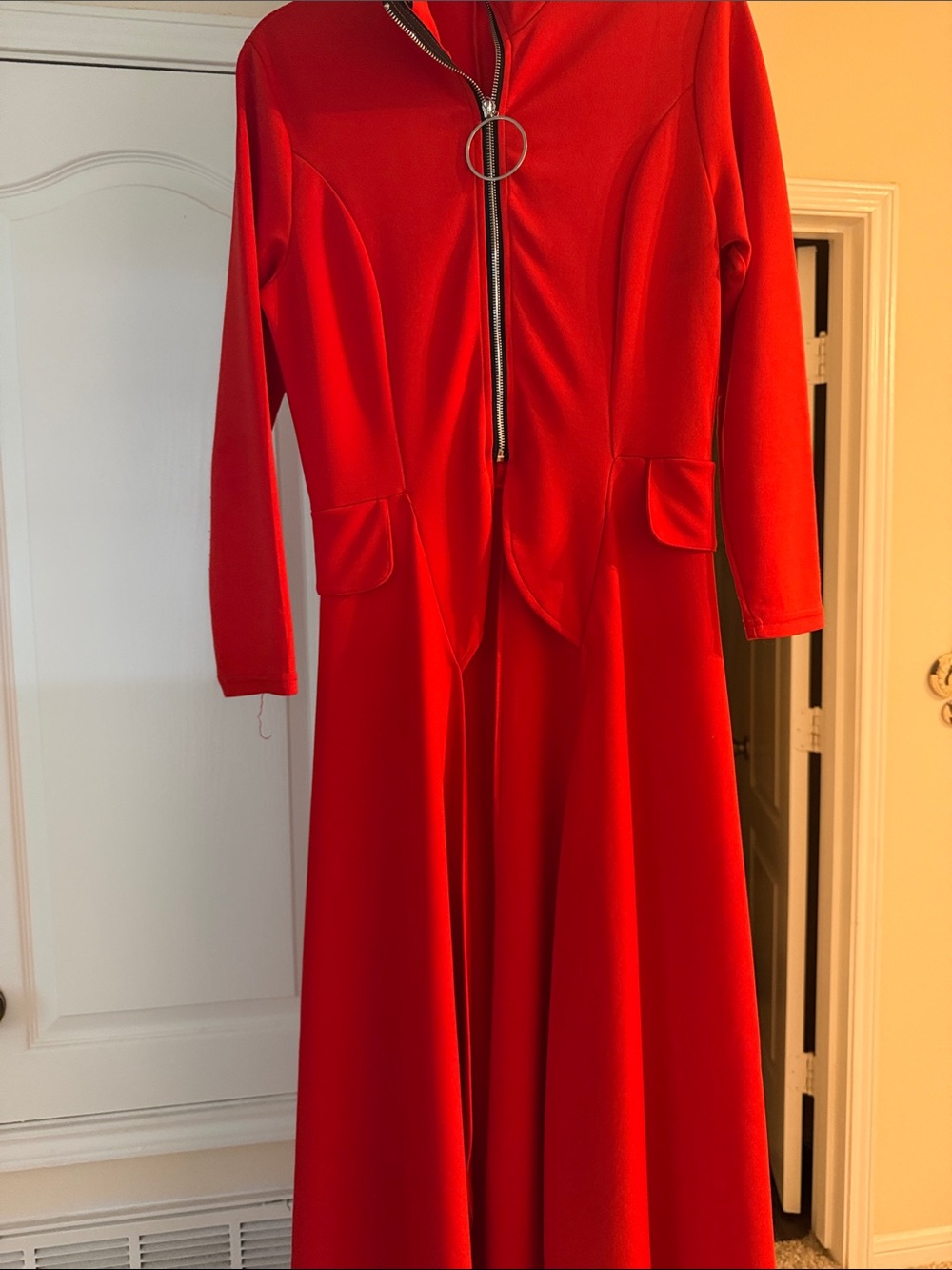 Red Long Sleeve Zip-Front Blouse